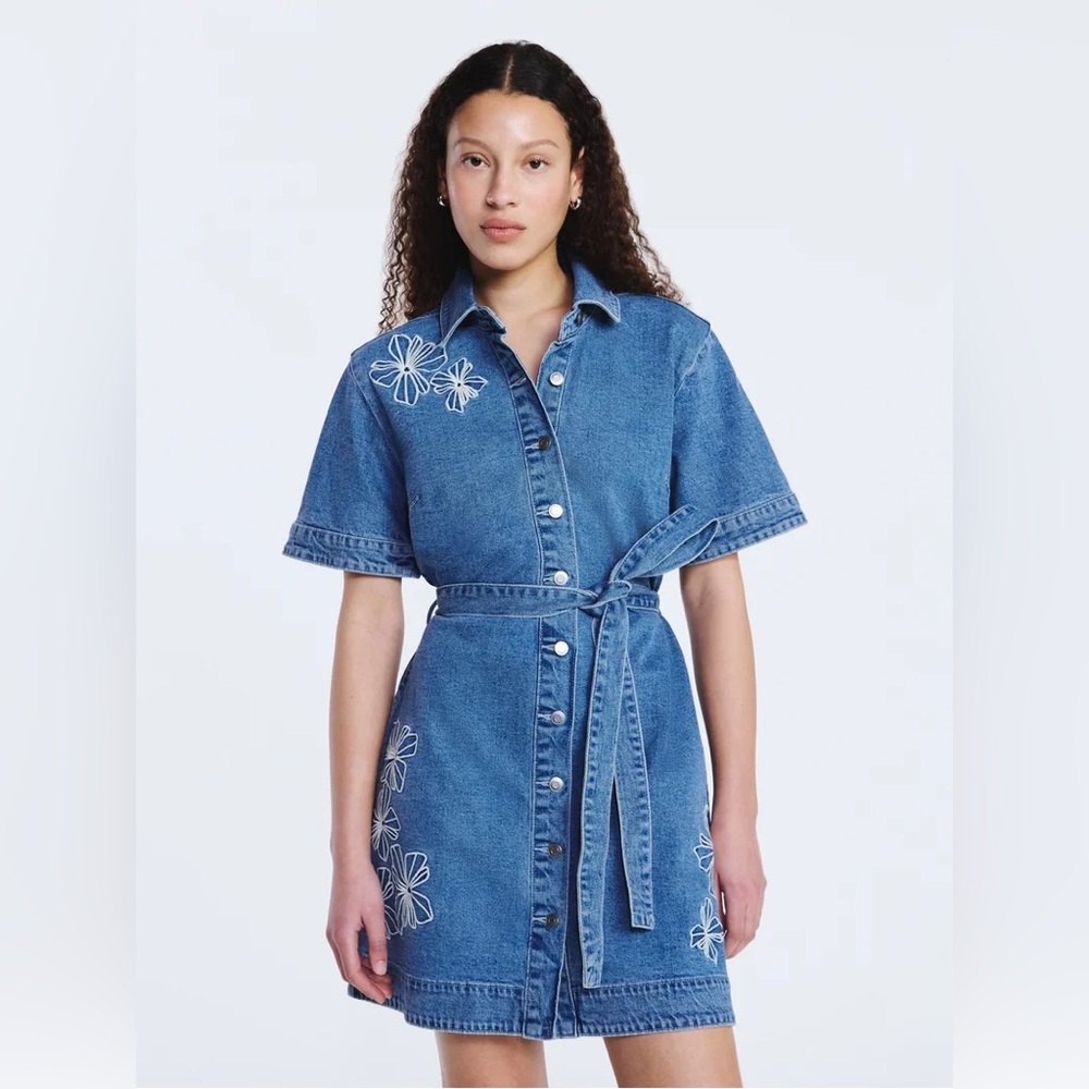 Free Assembly Women's Embroidered Mini Denim Belted Shirtdress NWT